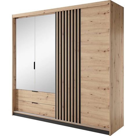 Armadio 3 ante e 2 cassetti Specchio e LED L220 cm Naturale e Nero - ARIADA (1/5)