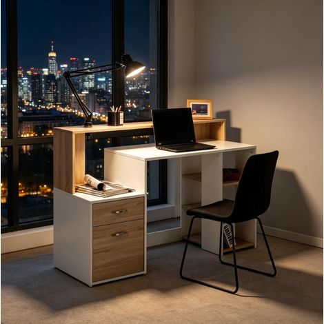 Computerschreibtisch mit 2 Schubladen und Regalen MDF Weiß Eiche 137 x 55 x 92 cm OKWISH (1/5)