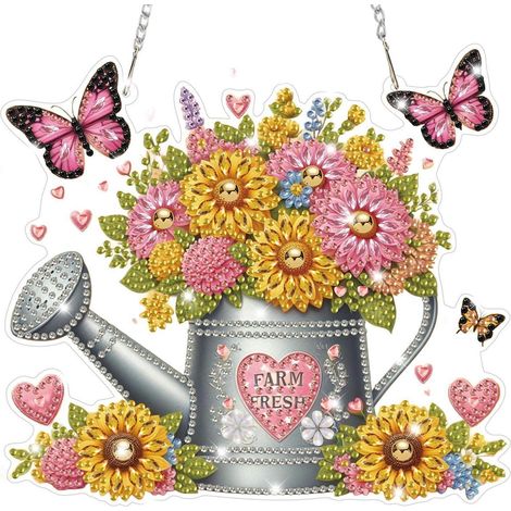 5D Diamond Painting Set Gießkanne mit Blumen und Schmetterlingen zum Aufhängen