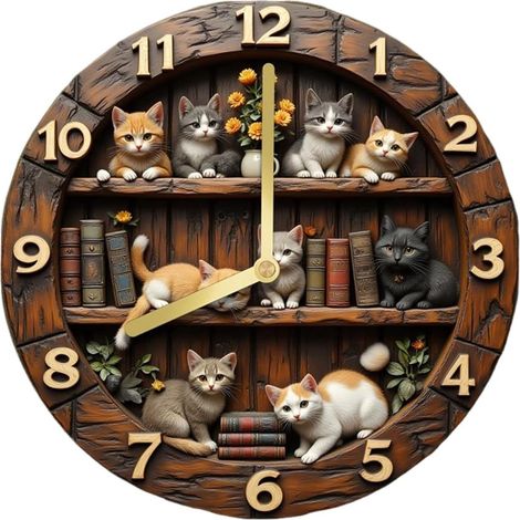 Orologio da parete con gatto - 30 cm - Orologio rotondo moderno con numeri - Orologio da parete con motivo gatto - Per soggiorno, camera da letto, stile country, bar, biblioteca o studio (1/5)