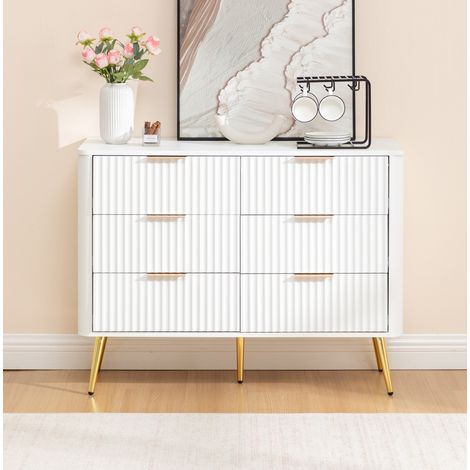 Commode 6 tiroirs blanche MDF, pieds surélevés OKMYHOME (1/5)