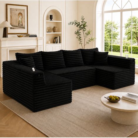 Sofá modular en U de pana negra con portavasos y bolsillos laterales (1/5)
