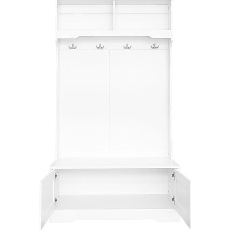 Weiße Garderobe mit Bank, 4 Haken und 2 offenen Fächern, 101,5 x 183 cm (1/5)