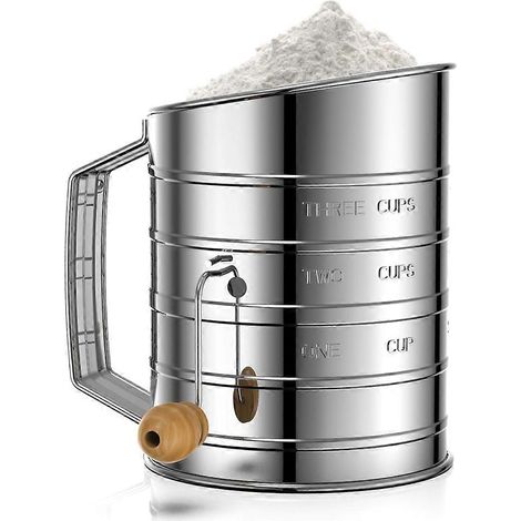 Tamis à farine pour la pâtisserie, tamis à farine en acier inoxydable de 3 tasses avec manivelle rotative, tamis à mailles fines et agitateur. (1/5)