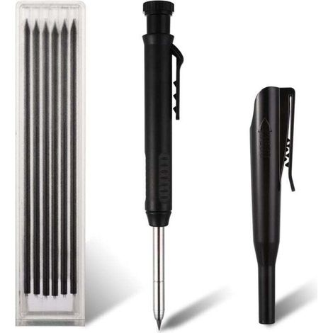 Crayon de Chantier, Crayons De Charpentier Mécaniques Avec 6 Recharges Crayon Menuisier Metal Béton Carrelage Charpentier Avec Taille Crayon Intégré Marqueur Durable(noir)