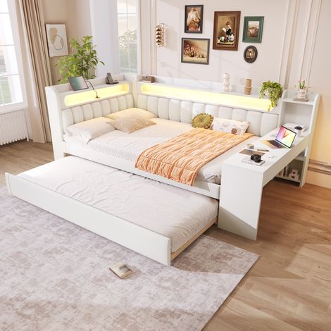 MEUBLIV Lit 140x200 cm blanc – avec lit gigogne, bureau et LED, sans matelas (1/5)