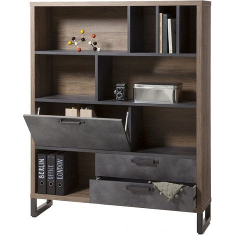 Libreria con 3 cassetti stile industrial grigio e rovere mobile da interno h 173 cm