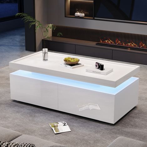 Table basse LED 95x45x35 cm avec 2 tiroirs, plateau brillant, éclairage LED et rangement Panneau de particules-Blanc (1/5)