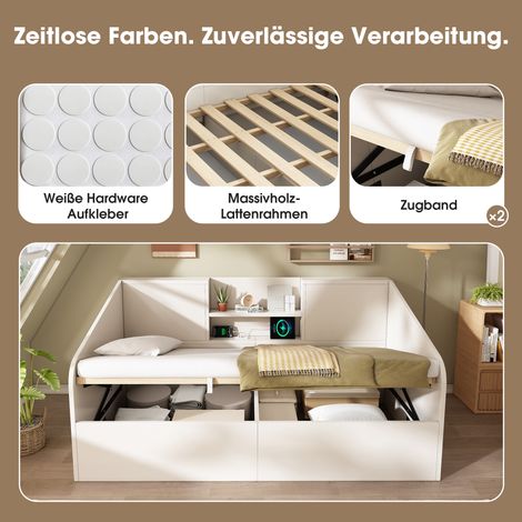 Lit hydraulique 90x190 cm blanc, structure en bois avec 2 tablettes, grand rangement et port USB/Type-C, sommier à lattes fourni, lit une place compact (sans matelas) (1/5)