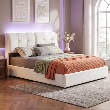 Letto per adulti 140 x 200 cm – Letto contenitore – Illuminazione a LED – Testiera imbottita – Rete a doghe – Velluto bianco (1/5)