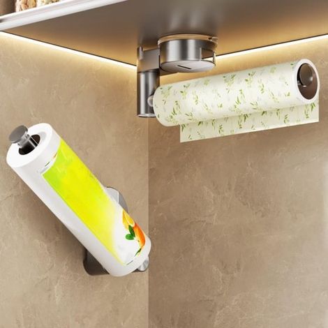 Organisateur de cuisine – Support film plastique – Porte‑rouleaux papier – Étagère ventouse – Sans perçage – 2 pièces – Gris (1/5)