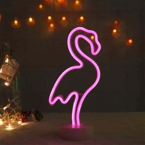 Lampe néon LED en forme de flamant rose, alimentée par USB ou par piles (3 x AA), dimensions env. 12 x 10 x 30 cm (1/5)