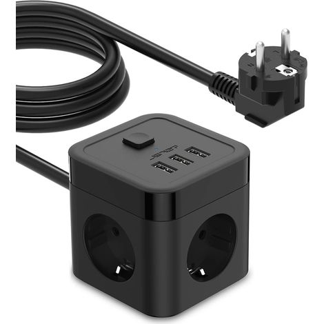 Cube Multiprise 3M avec USB 3 Prises avec 3 Ports USB Chargeur de Voyage Bloc Multiprise électrique avec Interrupteur 3680W 16A,Cable 3m pour Smartphone Tablette- Noir (1/5)