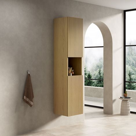 Mueble de baño alto con dos puertas de armario y un compartimento de almacenamiento abierto color veta de madera 35x35x160 cm (1/5)