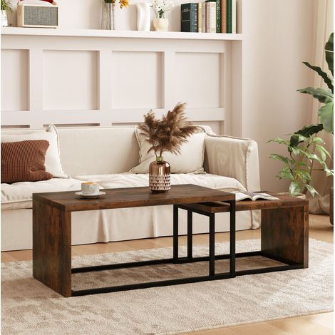 Set 2 tavolini da caffè 90x48x42 cm marrone rustico in legno e metallo con design salvaspazio (1/5)