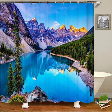 Rideau de douche imprimé en 3D, motif forêt, 180 x 200 cm, imperméable et lavable, avec crochets, L 150 x H 180 cm