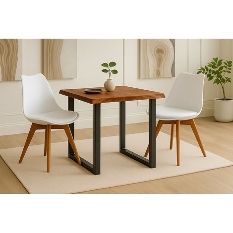Essgruppe Baumkante massiv 80 x 80 Holz-Optik Nussbaum U-Gestell schwarz & 2 Stühle weiß JOSY (1/5)