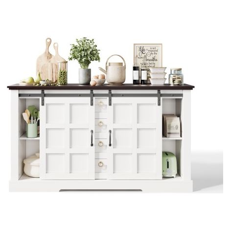 Buffet avec espace de rangement, portes coulissantes et quatre tiroirs. Buffet de style campagnard au charme vintage et étagères réglables. Convient aux cuisines, salles à manger et salons. (1/3)