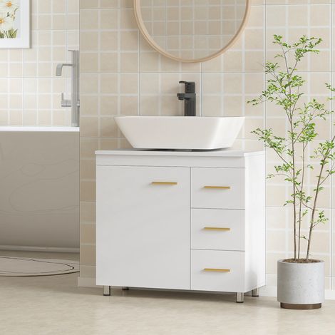 Meuble de salle de bain blanc 70x30x65 cm avec découpe en U, 3 tiroirs à fermeture amortie, armoire sous lavabo.