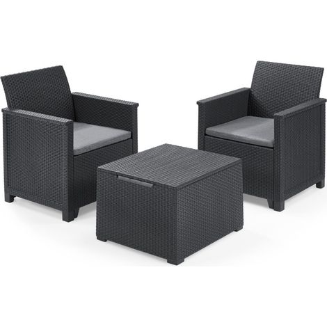 Keter Emma Balcony Set - Mobile da esterno composto da due poltrone con cuscini e tavolino contenitore, grafite (1/5)