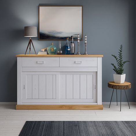 Credenza Lupara, Madia 2 Cassetti, 2 Ripiani, Apertura Scorrevole, 138x50x95h cm Bianco (1/3)