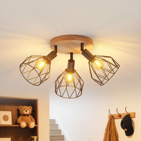 Ceiling Light with 3 LED Spotlights, E14, Black Interior Lights, Wood Ceiling Light with Round Base, Wall Light Bedroom, Living Room Chandelier (No Bulbs) (1/5)
