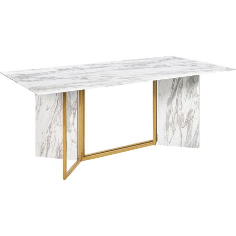 Tavolo da pranzo n MDF con piano in vetro effetto marmo gambe in metallo dorato 8 posti 100 x 200 cm Calcio