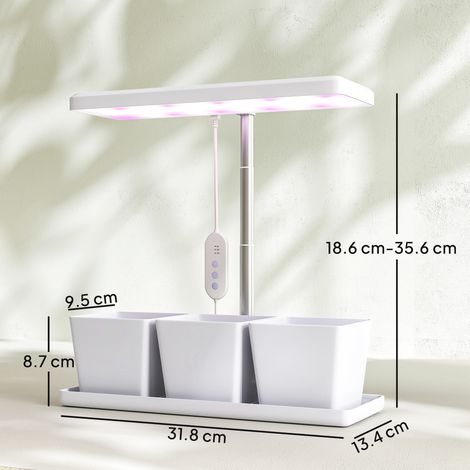 Lampe horticole à 30 LED, 3 pots, minuterie, intensité réglable, 31,8 x 13,4 x 18,6–35,6 cm, blanche (1/5)