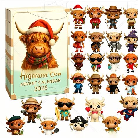 New Scottish Highland Bull Countdown Blind Box Christmas Tree Decoration Hanging Plastic 3D - Highland Bull with Hat - Style C -