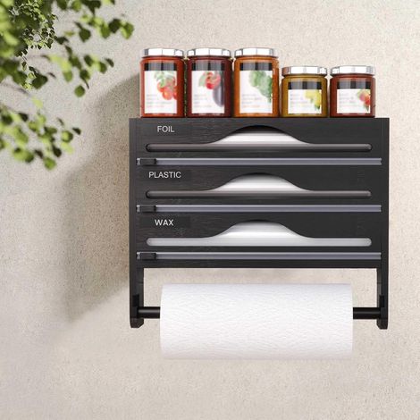 Frischhaltefolienspender, Frischhaltefolienspender mit Schneidevorrichtung und Papierhandtuchhalter, Spender für Aluminiumfolie und Frischhaltefolie, Küchenorganizer für Wand/Schublade – schwarz