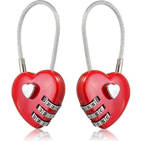 2 pièces câble métallique en forme de coeur amour serrure 3 cadenas à combinaison numérique mot de passe réinitialisable pour sacs de voyage (1/5)
