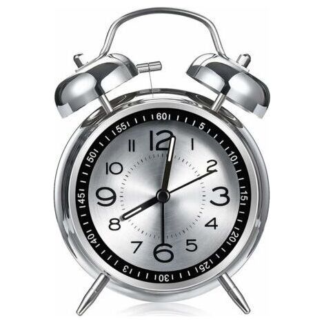 QORVA-Réveil fort pour adultes ayant de graves problèmes de sommeil, réveil en métal de 4.5 pouces, surface silencieuse en aluminium avec lumière, double cloche (gris) (1/4)