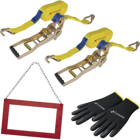 vasalat Zurrgurt 2-teilig Spanngurt mit Ratsche ideal zur Ladesicherung Ergo 5000kg, 10m + Langguttransportschild Rahmen rot - nicht rückstrahlend - mit Stahlkette 50cm (1/5)