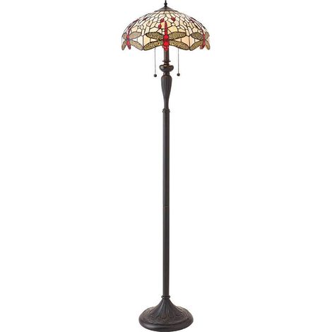 Interiors Dragonfly Beige - Lampada da terra 2 luci bronzo scuro, beige, vetro stile Tiffany, attacco E27 (1/4)