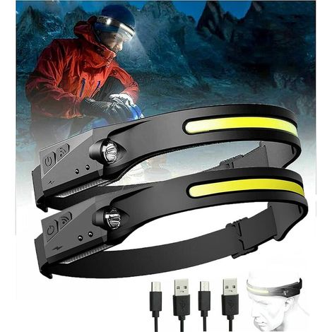 Lampe Frontale LED 230°, 220 LED Lampe Frontale Rechargeable à Faisceau Large Bandeau de Travail Hi-Beam, 350 Lumens Haute Sortie LED, Lampe Frontale à Induction Portative Résistante aux Intempéries ( (1/5)