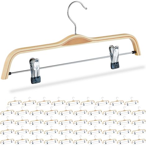 50 cintres pour pantalons en bois, pinces réglables caoutchoutées, crochet pivotant 360°, largeur 37 cm, naturel (1/5)