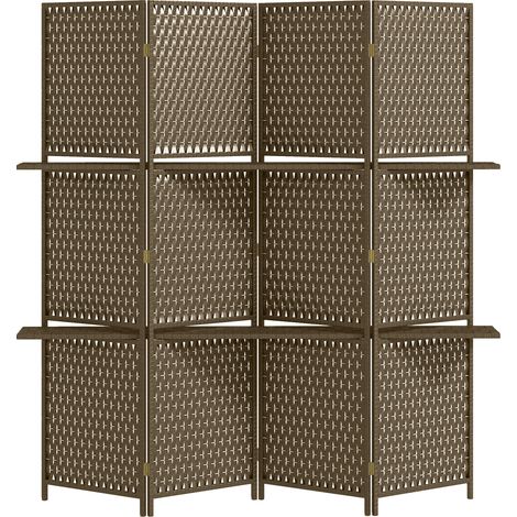 Paravent d'intérieur 4 volets séparateur de pièce avec 2 étagères en bois de pin et fibres de papier tressé marron 181x180 cm (1/5)