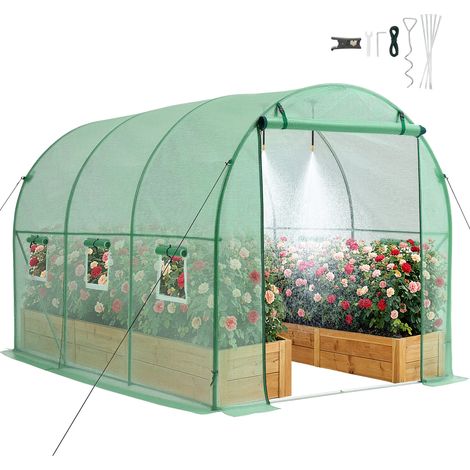 Mophorn Walk-in Tunnel Greenhouse, 10 x 7 x 7 ft Hoop House with Watering System, Outdoor Plant Shelter with Steel Frame, PE Cover, Roll-Up Zipper Door, and 6 Ventilated Windows, Green (1/5)