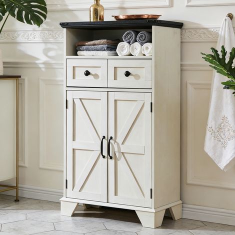 Armoire murale de salle de bain style campagnard, 2 portes battantes, 1 tiroir et étagère réglable - Idéal pour salle de bain, cuisine et salon - Panneau de particules crème (1/4)