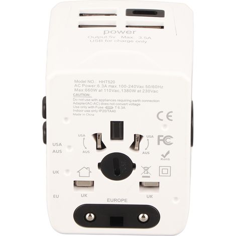 Universal-Reiseadapter mit internationalem Stecker, Stromwandler mit mehreren Steckdosen (110–250 V), 3 USB-Anschlüssen und USB-C-Anschluss, Weiß (1/5)