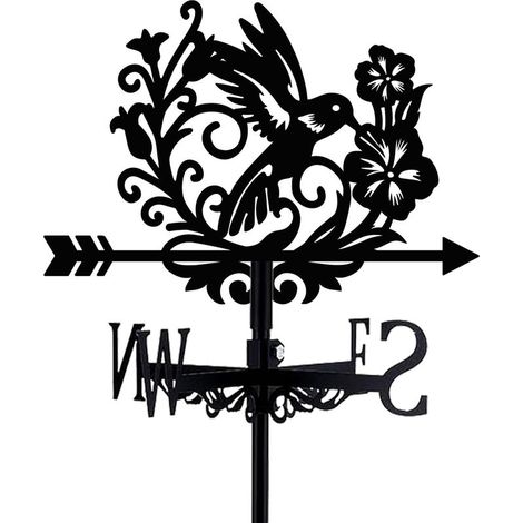 Girouette en forme d'oiseau - Colibri noir - Métal - Avec fleurs - Convient aux toitures végétalisées - Panneau indicateur - Moulin à vent décoratif d'extérieur avec support (1/5)