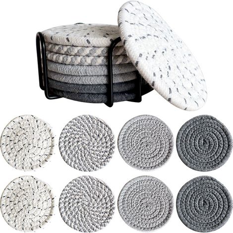 Lot de 8 sous-verres pour boissons, bière, café : sous-verres absorbants en coton tissé 4 couleurs avec support, sous-verres Boho pour la protection de table de décoration intérieure (1/4)