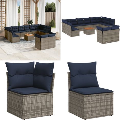 13-tlg. Garten-Sofagarnitur mit Kissen Grau Poly Rattan - Gartenmöbel Set - PE-Rattan Möbel - Outdoor Sofa - Lounge Set - Esstisch - Home & Living