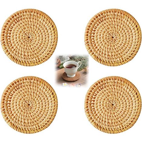 Posavasos de 4 piezas, Posavasos de paja tejidos a mano, Posavasos de ratán, Resistentes al calor, Aislantes térmicos, Diámetro 8 cm, etc, Marrón (1/5)