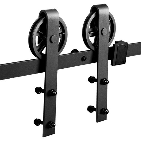 Jiubiaz Sistema para puerta corredera de 183 cm, modelo con ruedas grandes, para paredes de madera y hormigón, acero al carbono negro (1/5)