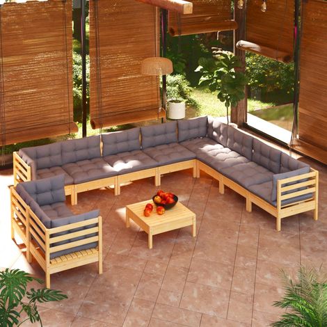 11-tlg. Garten-Lounge-Set mit Grauen Kissen Massivholz Kiefer vidaXL (1/5)
