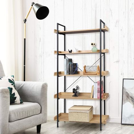 WOLTU EEstantería Independiente Estante Alto Estante Industrial Estante Cinco Estante de Escalera de Flores de Madera y Acero 91 x 25.5x173cm Negro+Roble Claro