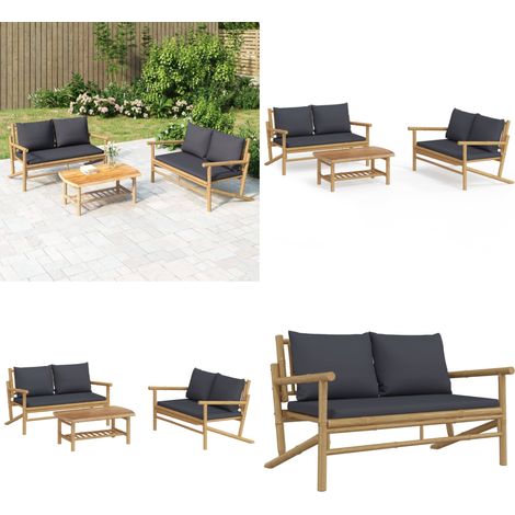 Salon de jardin 3 pcs avec coussins gris foncé bambou - Salon De Jardin - Mobilier De Jardin - Ensemble De Salon - Meubles En Bambou - Set De Jardin - Home & Living (1/5)