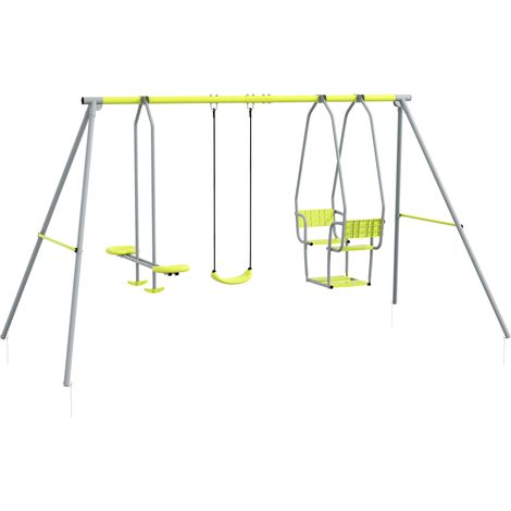 Balançoire enfant 3 en 1 avec 2 sièges face à face et 1 hamac, capacité max 225 kg, portique de jeu vert (1/5)