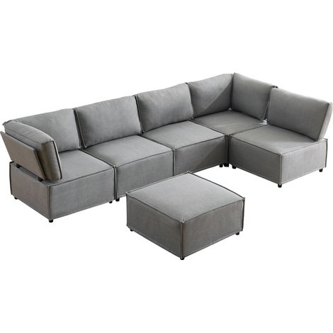 ELVMI Modulares Sofa umbaubar mit flexibler Sitzfläche, aus Schaumstoff und Sperrholz, Leinenstoff, Hellgrau (1/5)
